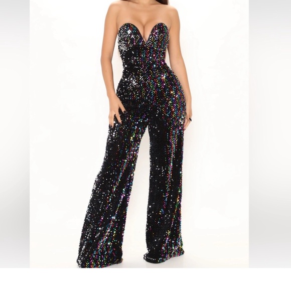 Fashion Nova Pants - Sequin Strapless Jumpsuit - multicolor on black base